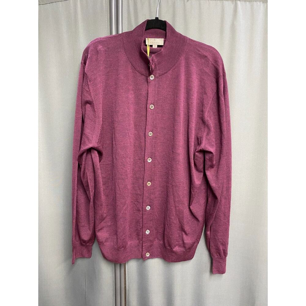 Canali Cardigan Men’s Size 60 Burgundy 100% Lana-Wool Button Up Mock Neck B73